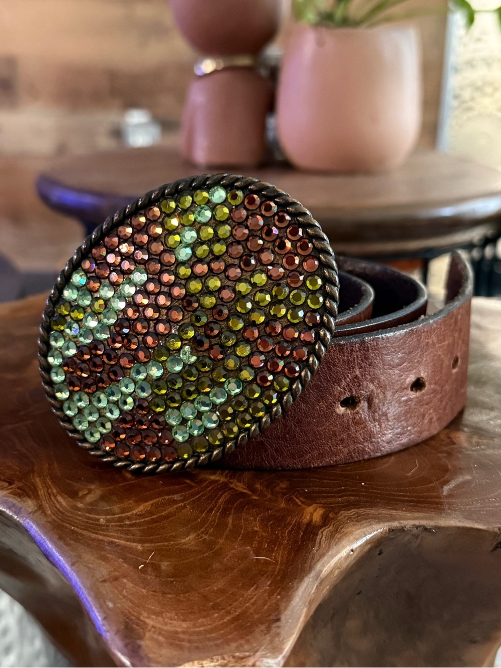 Joomi Joolz Leather Rhinestone buckle belt sz 31-35 made in the USA
